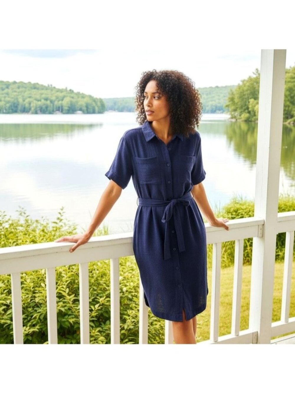 Weatherproof M 8/10 Cotton Belted Shirt Dress Gauze Lightweight Collared Pocket